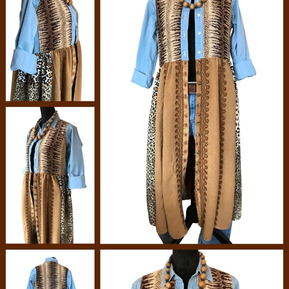 Patchwork Duster Jacket Dress, M: Upcycled Animal Print Button-Down Boho Kaftan - Picture 13 of 13